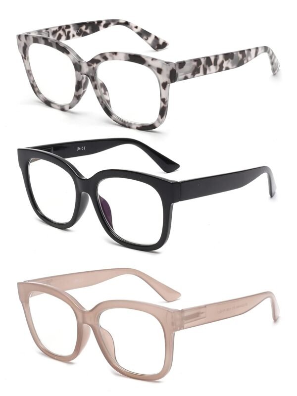JM 3 Pack Oversized Square Reading Glasses, Building Light Blocking Computer Reader for Women and Men